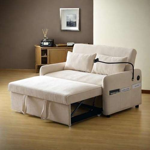 Cayipng Schlafsofa 2-Sitzer, Doppelschlafsofa mit ausziehbarem Bett, ausziehbares Schlafsofa, Sofa mit Schlaffunktion, verstellbare Rückenlehne, Handyhalterung, USB-Ladeanschluss, Beige
