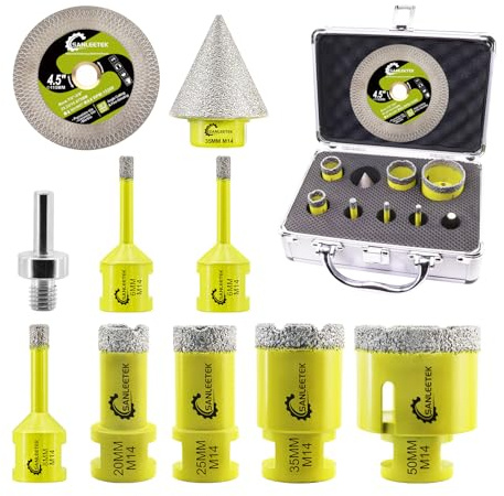 SANLEETEK Broca Diamante Porcelanico - Coronas y Herramientas para Porcelanico Cerámica Mármol Granito (6/6/8/20/25/35/50mm+35mm Broca Chaflán+115mm Disco Diamante X Malla+Adapter)