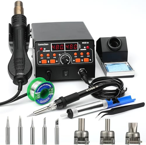 750 W 2 in 1 Stazione di saldatura ad aria calda e saldatrice elettronica di precisione, 100-480 °C stazione di saldatura, PID/modalità stand-by/spegnimento automatico/3+3 canali preimpostati, per