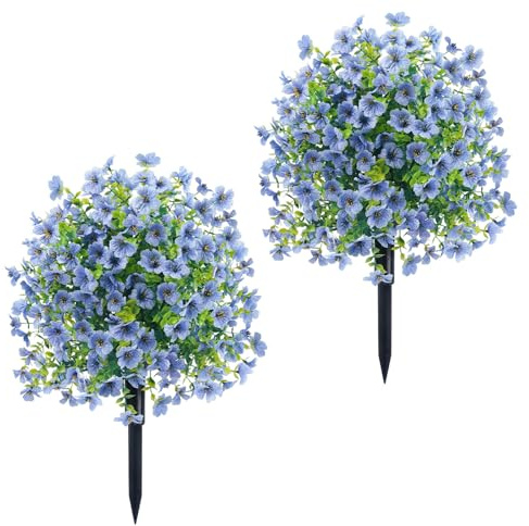2Pcs Artificial Violet Flower Topiary Tree with Ground Spike, Fade Resistant Fake Plant 23in, Decorative Shrubs for Wedding Porch Indoor Outdoor Decor (Blue)