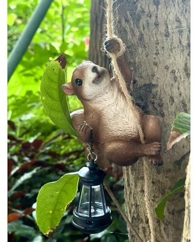 Squirrel Garden Decor Outdoor Statues Resin Climbing Twine with LED Light Waterproof Hanging Animal Figurine for Garden Wall Balcony Tree Decoration Gift