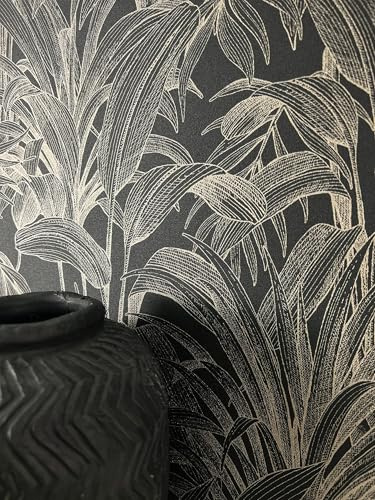 Newroom Papier Peint Intissé Noir Or Jungle Tropicale - Feuilles Palmier Motif Tropical Salon Chambre