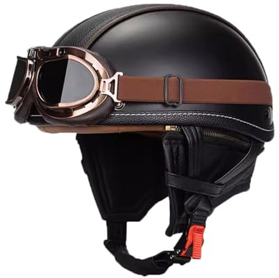 VVPEC Vintage Motorradhelm Open Face Leder-Helm Motorrad Roller Helm Mit Brille Jethelm Straßenhelm Für Damen Und Herren ECEDOT Zertifizierung Halbschalenhelm(10,M=57~58cm)