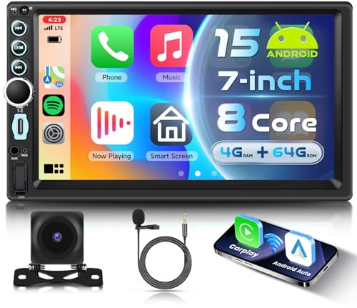 VECHTEL 8 Core 4G+64G Android 15 Radio Coche Bluetooth con Carplay Android Auto Inalámbrico, Autoradio 2 DIN con Pantalla Táctil 7 Pulgadas Soporte Bluetooth Radio FM RDS GPS Wi-Fi USB/Tipo-C Cámara