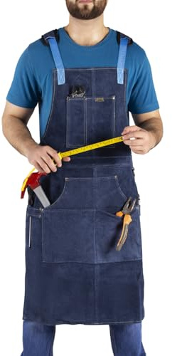 Charlie LONDON Cowhide Leather Tool Aprons-Heavy-Duty Leather Apron with 6 Tool Pockets, Heat-Resistant Welding Apron for Men & Women, Adjustable Size M to XXL-Ideal for Workshop Use (BLUE)
