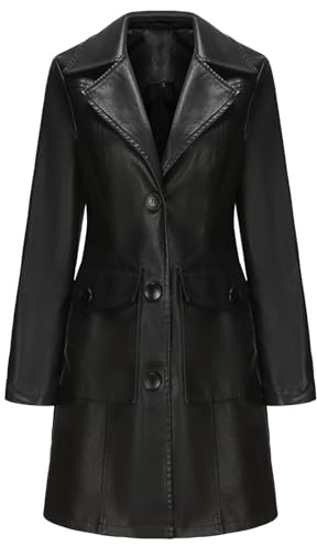Trench lungo da donna, giacca in similpelle, con revers in PU, soprabito casual, bottoni, vestibilità slim, nero, taglia XL
