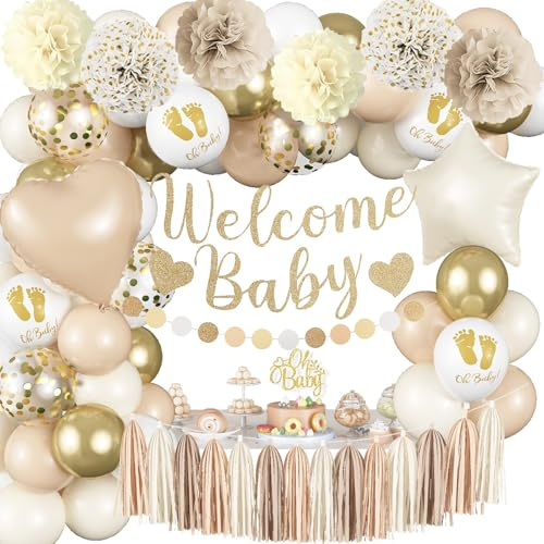 Neutral Gold Baby Shower Decorations for Boys Girls, Boho Welcome Baby Banner Gold Cream Beige Sand White Confetti Latex Balloons Oh-Baby Cake Topper Pom Poms for Baby-Shower Birthday Party Decoration