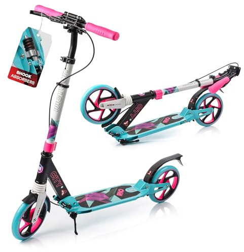 meteor Tretroller Erwachsene Rio klappbar City Roller mit Handbremse Fußbremse Stoßdämpfer 200 mm Räder höhenverstellbar Scooter für Alltag Arbeit Schule bis 100 kg