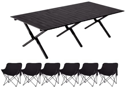 HBOOMOEM Klappbarer Campingtisch Set，Robuster Tisch Und StüHle Im Freien Set ，Geeignet FüR Mahlzeiten Im Freien, Camping, Grillen, Strand, Wandern, Reisen, Angeln.(Normal,Black_150CM+6 Chairs)