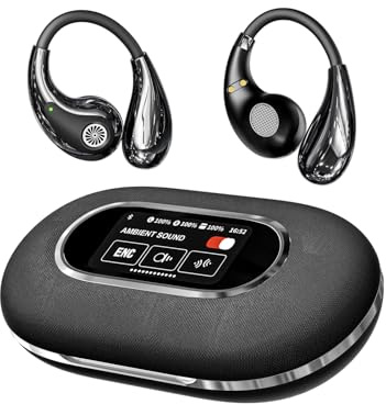 Open Ear Headphones, Bluetooth 5.4 Hook Earphones with Touchscreen Charging Case, ENC Noise Cancelling Sports Over Ear Earbuds, 25H Playtime, IPX5 Waterproof, Secure Fit for Gym/Running/Cycling/Work