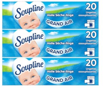 SOUPLINE Voiles Sèche-Linge Adoucissants Grand Air, Parfume le Linge de Maison, Parfum Longue Durée,Complément Idéal à Votre Lessive et à Votre Adoucissant Linge, 60 Lingettes Soupline Grand Air