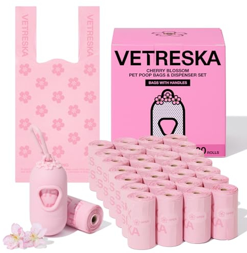 VETRESKA Hundbajspåsar med handtag, doftande körsbärsblom extra tjock läckagesäker husdjur rosa avfallspåsar, lätt att knyta hundavfallspåsar med dispenser, 30 påfyllningsrullar 450 st för