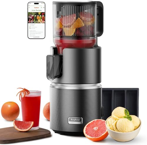 Anybear Entsafter, 350W Slow Juicer für Saft, Nussmilch & Sorbet, mit Doppel-Press-Technologie, 124 mm Einfüllschacht für Ganze Früchte & Gemüse, BPA-freies Tritan(Dunkelgrau)