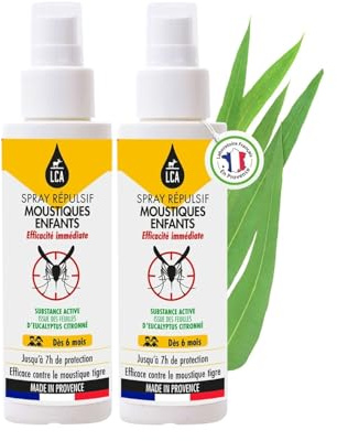 LCA - Pack 2 Sprays Répulsif Moustiques - Format Enfant | 2x100ml, Dès 6 mois, Protection 7h contre tous types de Moustiques, Actif Naturel Citriodiol, Fabriqué en France et Sans DEET