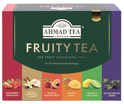 Ahmad Tea Black & Green Tea, Fruitytea Assorted Sampler Variety Gift Box, 60 Foil Teabags - Caffeinated & Sugar-Free