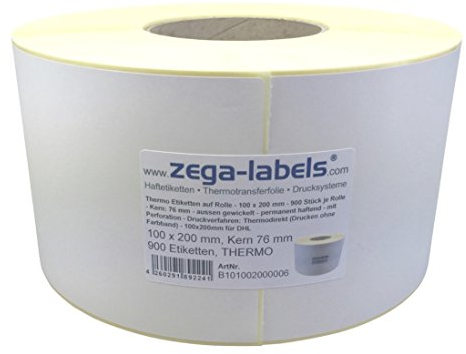 Thermo Etiketten auf Rolle - 100 x 200 mm - 900 Stück je Rolle - Kern: 76 mm - aussen gewickelt - permanent haftend - Druckverfahren: Thermodirekt (Drucken ohne Farbband)