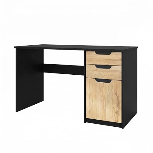 Vladon Schreibtisch Logan, Made in Germany, Bürotisch mit 2 Schubladen und 1 Tür, Schwarz matt/Eiche Natur (129 x 76 x 60 cm)
