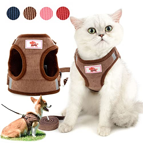 Zunea Katzengeschirr mit Leine ausbruchsicher, kein Ziehen, verstellbar reflektierend mit weichem Netzstoff gepolstert Cord-Weste Geschirr für Kitten, Katzen, Welpen, kleine Hunde Braun M