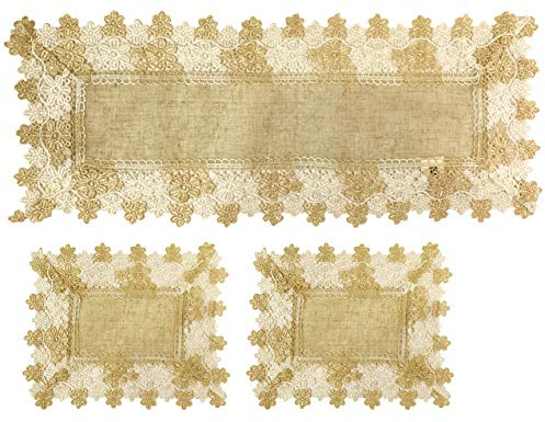 EUROSTYLE Art. Corte centrino Striscia tovaglia tovaglietta da Tavolo Cucina Soggiorno Comodino di Bellezza con Macrame Pizzo Ricamato ai Lati (Set 3 Pezzi (1pz 39x87cm + 2pz 32x44cm),Disegno-4)