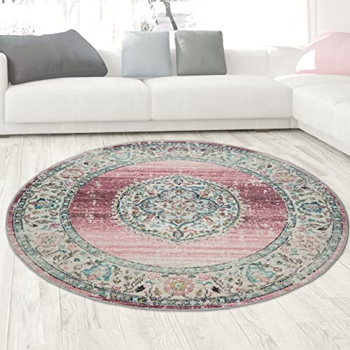 CARPETIA Teppich Outdoor Orientteppich Wohnzimmerteppich Ornamente in rosa Größe 160 cm Rund