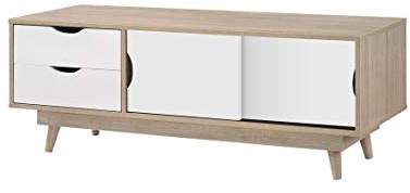 Timber Art Design UK Alford TV Media Cabinet Unit with Sliding Doors and 2 Drawers Media Devices Storage Modern Furniture for Livingroom in Sonoma Oak Wood Effect & White, W120cm x H45cm x D45cm