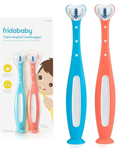 Frida Baby Triple-Angle Toothhugger Training Toddler Toothbrush | Toddler Toothbrush 2 Years and Up, Cleans All Sides at Once | 2 Pack (Pink + Blue)