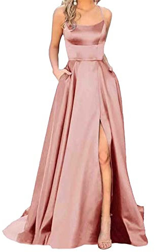 Hahaemma Robe Longue Élégante en Satin pour Femme - Ligne A, Dos Nu, Avec Poches - Parfait Comme Spaghetti, Princesse, Demoiselle d'Honneur - Rose, L