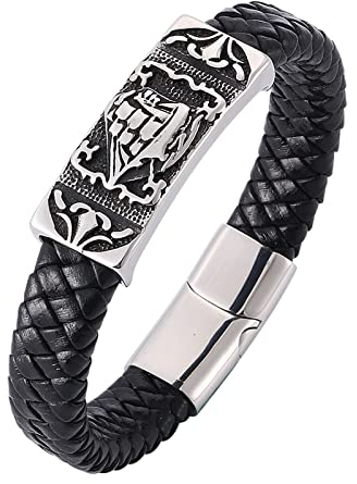 KnSam Geschenk Für Männer - Leder Armbänder Mann, PU Leder Bettelarmband Junge Segelboot Lederarmband für Herren Edelstahl Armschmuck Schwarz mit Magnet Verschluss, Länge 16.5CM