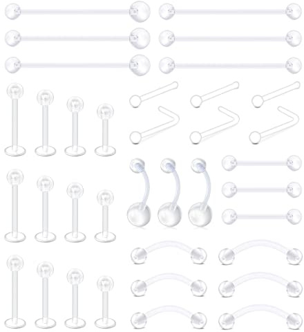 MODRSA Piercing Corporal Kit Transparente Piercing Nariz Plástico Barras Ombligo Labret Labios Ceja Pezón Lengua Mujer Claro Tragus Helix 36 Piezas