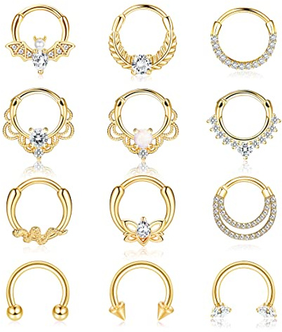 Adramata 12 stycken 16g septum näsringar - Kirurgiskt stål, CZ opal brosk, daith & helix piercing, Rostfritt