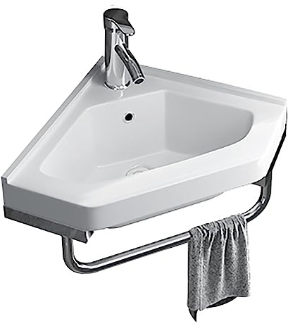 Eckwaschbecken Weiß Design Waschbecken Hängewaschbecken Aus Keramik Weiß Inkl Ablaufgarnitur Mit Armaturloch Handwaschbecken Mit Überlauf & Nano-Beschichtung Waschschüssel Für Badezimmer & Gäste-WC (