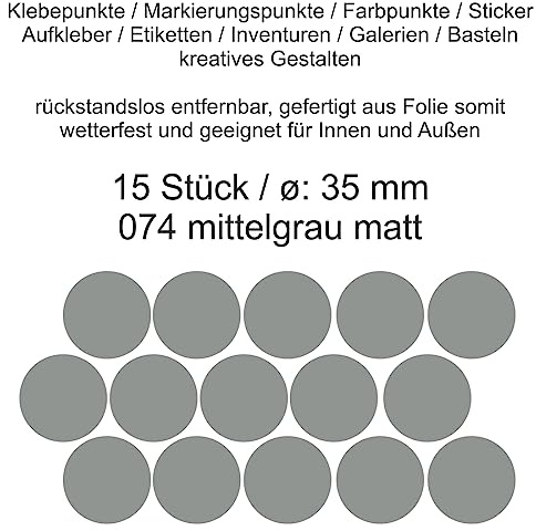 Aufkleber Etiketten Klebepunkte aus Folie 15 Stück grau mittelgrau matt rund 35 mm selbstklebend farbig wetterfest Decal Markierungen Organisieren DIY basteln verzieren Modellbau Scrapbooking