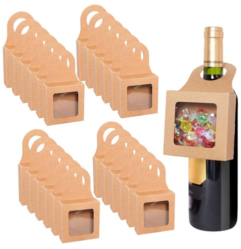 Hmxpls 25 Stück Kraftpapier-Weinflaschen-Box mit Fenster, hängende faltbare Weinfensterboxen, Süßigkeiten-Geschenkboxen für Weihnachten, Neujahr, Hochzeit, Partys, Gastgeschenk (8,9 x 8,9 x 3,1 cm)
