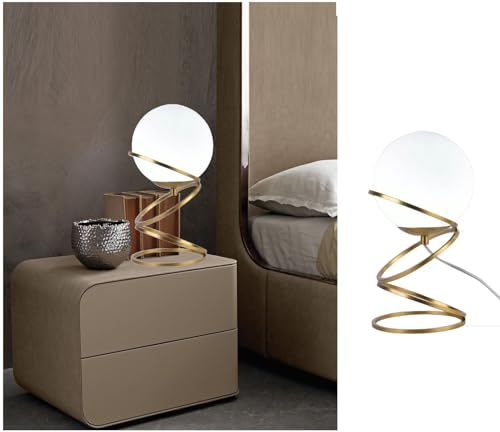 Lampada da tavolo comodino oro con sfera in vetro bianco design moderno lume dorato con cerchi
