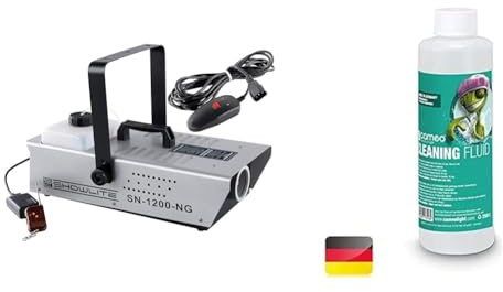 Showlite SN-1200 Nebelmaschine (1200W, 500m³ Nebelausstoß/min, 7 Min. Aufwärmzeit) inkl. Funk Fernbedienung & Cameo Cleaning Fluid Reinigungsfluid 250ml