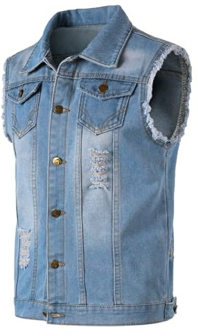 Yukirtiq Herren Denim Westen Zerrissen Männer Jeansweste Ärmellose Jeansjacken Freizeitweste Slim Fit Motorrad Weste Denim-Jacke, Hellblau, XXL
