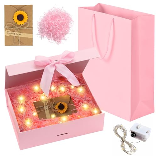 Forhandy Geschenkbox Mit Schleife, Geschenkbox mit Deckel L,Geschenk Rosa,L | Box+Tasche+Farbband+Licht,Magnetische Geschenkkarton,Geschenkschachtel Geschenkverpackung Box,für Hochzeit Geburtstag