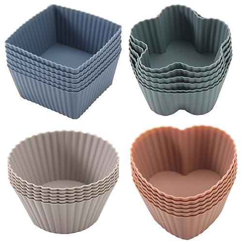 24PCS Reusable Silicone Baking Cups,Silicone Cupcake Moulds,Non-Stick Baking Moulds,Muffin Cases,Dishwasher Safe,for Muffins Cupcake Cases Muffin Cases Liners,4 Shapes