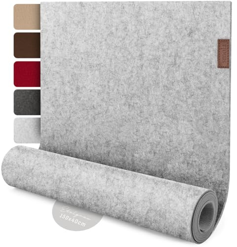 smøla Design Tischläufer Grau aus Filz I 150x40 cm Tischband I Skandinavischer Filzläufer Abwaschbar mit Leder Label I Tischdeko Tischläufer modern Edelgrau