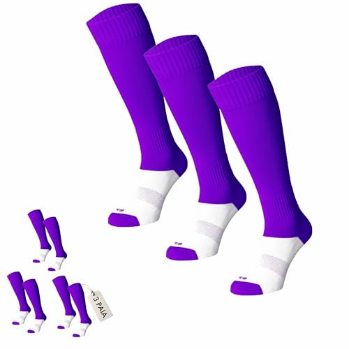 Calzettoni da Calcio SET 3 PEZZI - 10 COLORI DISPONIBILI - Calza Da Calcio Uomo - Ragazzo - Bambino - Calza Da Calcio Ragazzo - Calza Da Calcio Bambino (IT, Testo, S, Regular, Regular, 28-34, VIOLA)