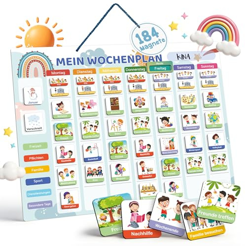 BIROYAL Wochenplaner für Kinder | Montessori Magnettafel inkl. 184 Magnete & Kordel | Kalender beschreib- & abwischbar | magnetisches Lernspielzeug auf Deutsch für Kinder, Regenbogen