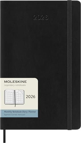 Moleskine 12 Monate Monatsnotizkalender 2026, L/A5, 1 Mo = 2 Seiten, Linierte Seiten, Weicher Einband, Schwarz