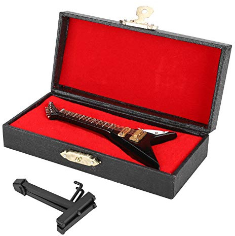 Chitarra finta, decorazione per chitarra Chitarra in legno a forma di V Mini strumento musicale Modello ornamento per chitarra in miniatura con supporto e 10 cm
