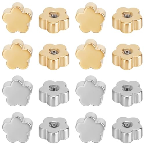 Beebeecraft 1 Caja de 60 Piezas de 2 Colores de Acero Inoxidable con Tornillos Traseros (Orificio: 1.2mm /Calibre 16) Tuercas de Repuesto para Pendientes de Flores Chapadas En Oro de 18 Quilates