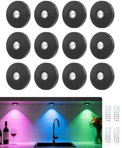 12 Stück USB Aufladbar LED Spots Akku mit Fernbedienung RGB Unterbauleuchte | schwarz kabellos vitrinenbeleuchtung led, dimmbare, timer, 3 farbtemperaturen, magnetisch licht, schrankbeleuchtung für küche
