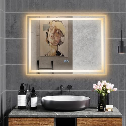RELAX4LIFE LED Badspiegel 80 x 60 cm, Badezimmerspiegel mit Beleuchtung, Wandspiegel mit Touch-Schalter, Anti-Beschlag, Dimmbar 3 Lichtfarben, Speicherfunktion, Rechteckiger Lichtspiegel, Rahmenlos