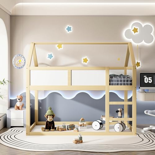 Litera infantil, 90 x 200 cm, cama individual baja, cama alta con escalera, marco de madera maciza (color blanco+madera)
