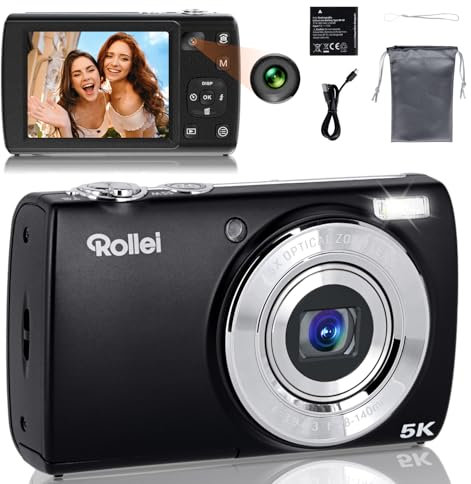 Rollei Powerflex Compact Digitalkamera, 64MP 5K Fotoapparat mit Dual-Kamera 5X Digitalzoom AutoFocus Fotokamera mit 2,8“ Touch-Display Tragbar Kompaktkamera Schwarz, Digital-Kamera-Fotoapparat-Camera