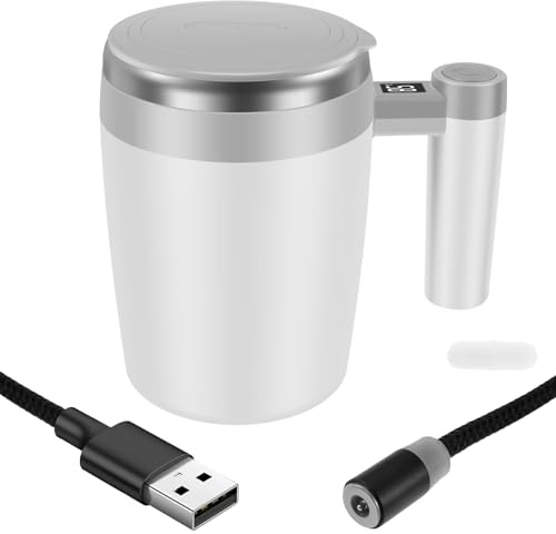 Selbstrührende Kaffeetasse 400ml, Selbstrührende Tasse Temperaturanzeige mit Deckel Tragegriff, Stirring Mug mit USB für Kaffee, Milch Rührbare Getränke (Weiß)