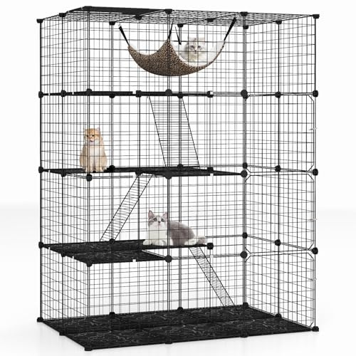 COSTWAY Jaula Metálica para Gatos de 3 Niveles Con Hamaca, 3 Escaleras, 4 Puertas y Ventana en el Techo de Interior (109,5 x 74,5 x 143 cm)